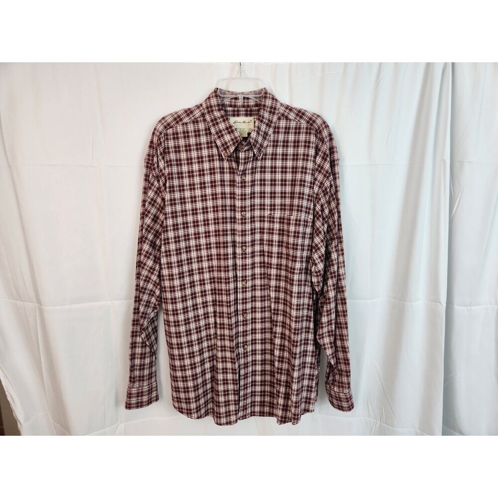 Mens Eddie Bauer Maroon & White Plaid Button Down Long Sleeve Shirt Size X-Large